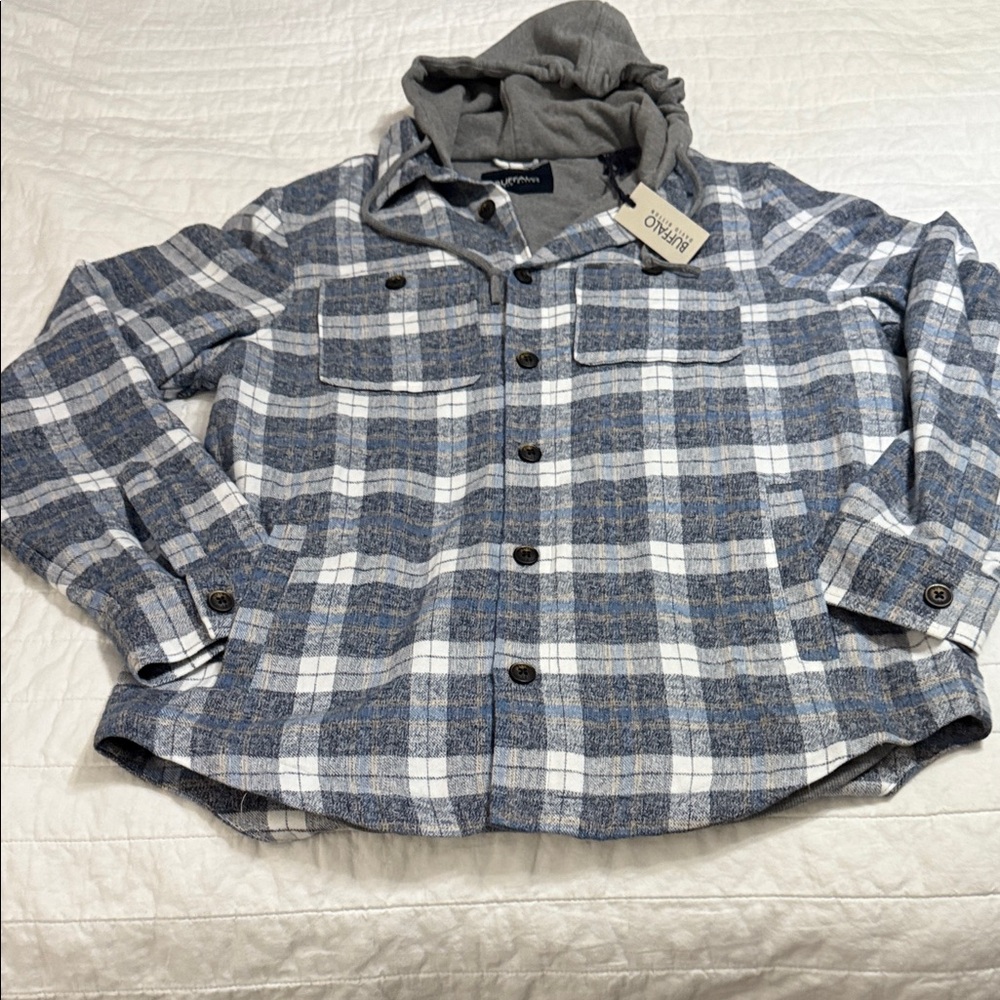 Buffalo David Bitton Blue and Gray FANNEL Plaid Hoodie Shirt: SOFT
